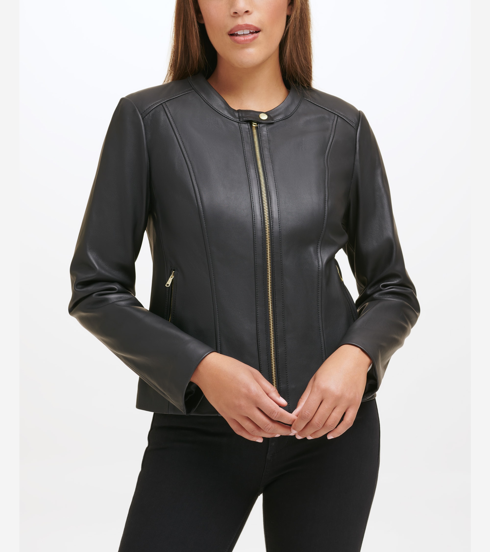 Women's Collarless Leather Jacket in Black | Cole Haan